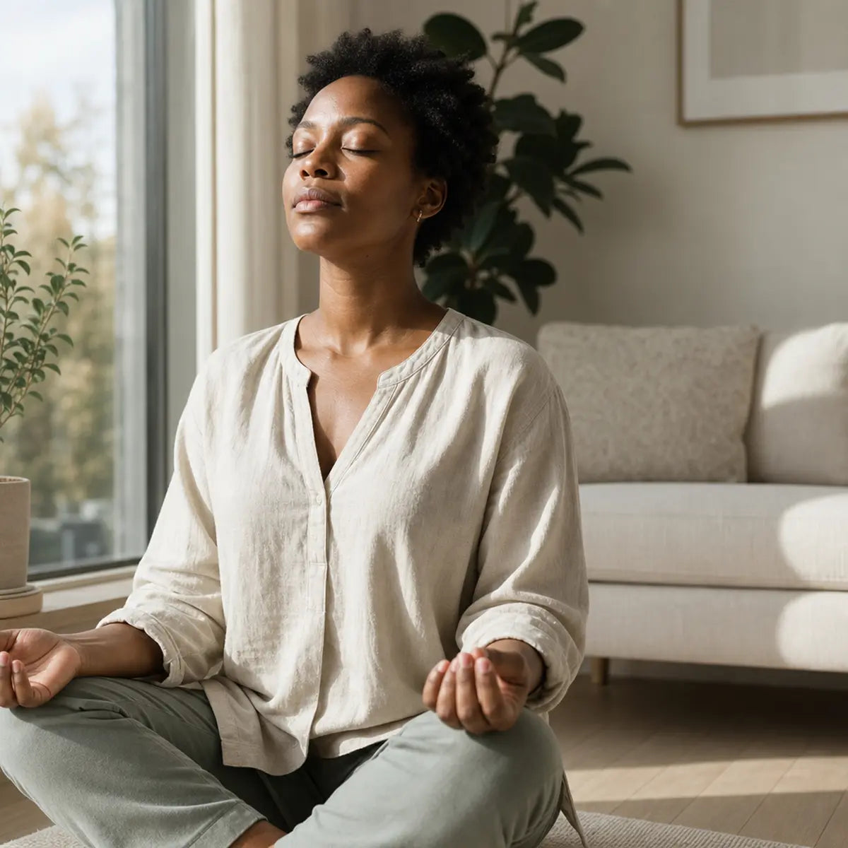 Person practicing a calm breathing exercise at home to create a sense of relaxation and balance