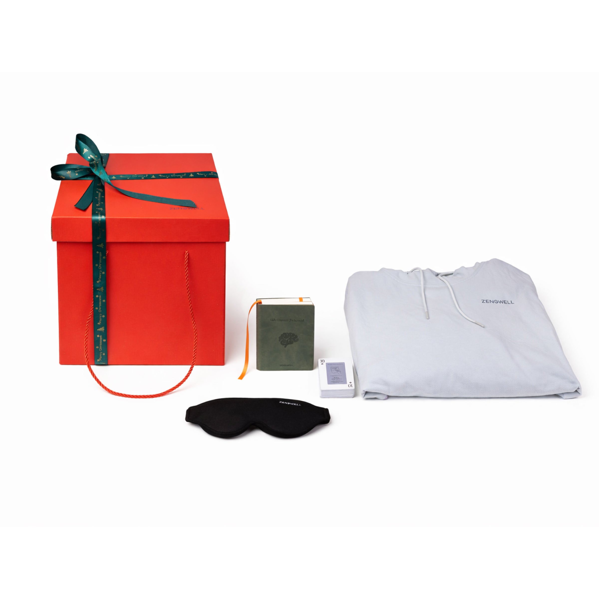 ZenoWell light blue hoodie, eye mask, relaxation cards and wellness journal, with a gift box designed to support relaxation and mindfulness for improved well-being.