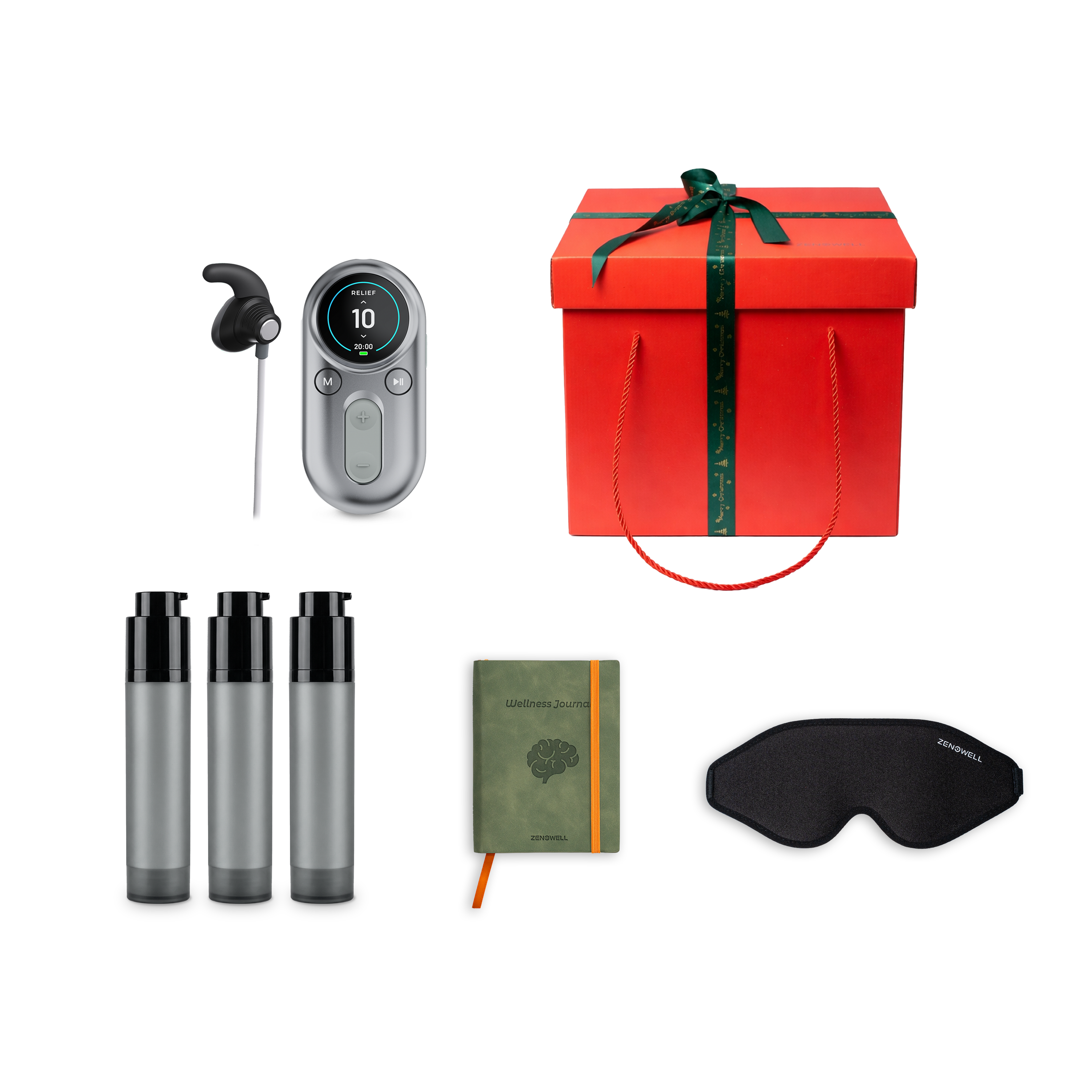 ZenoWell support pack including the gift set featuring the LUNA tavns device, three gel, Eye Mask, Wellness Journal, and a gift box, all designed to support relaxation, stress relief, and well-being through transcutaneous auricular vagus nerve stimulation (taVNS)