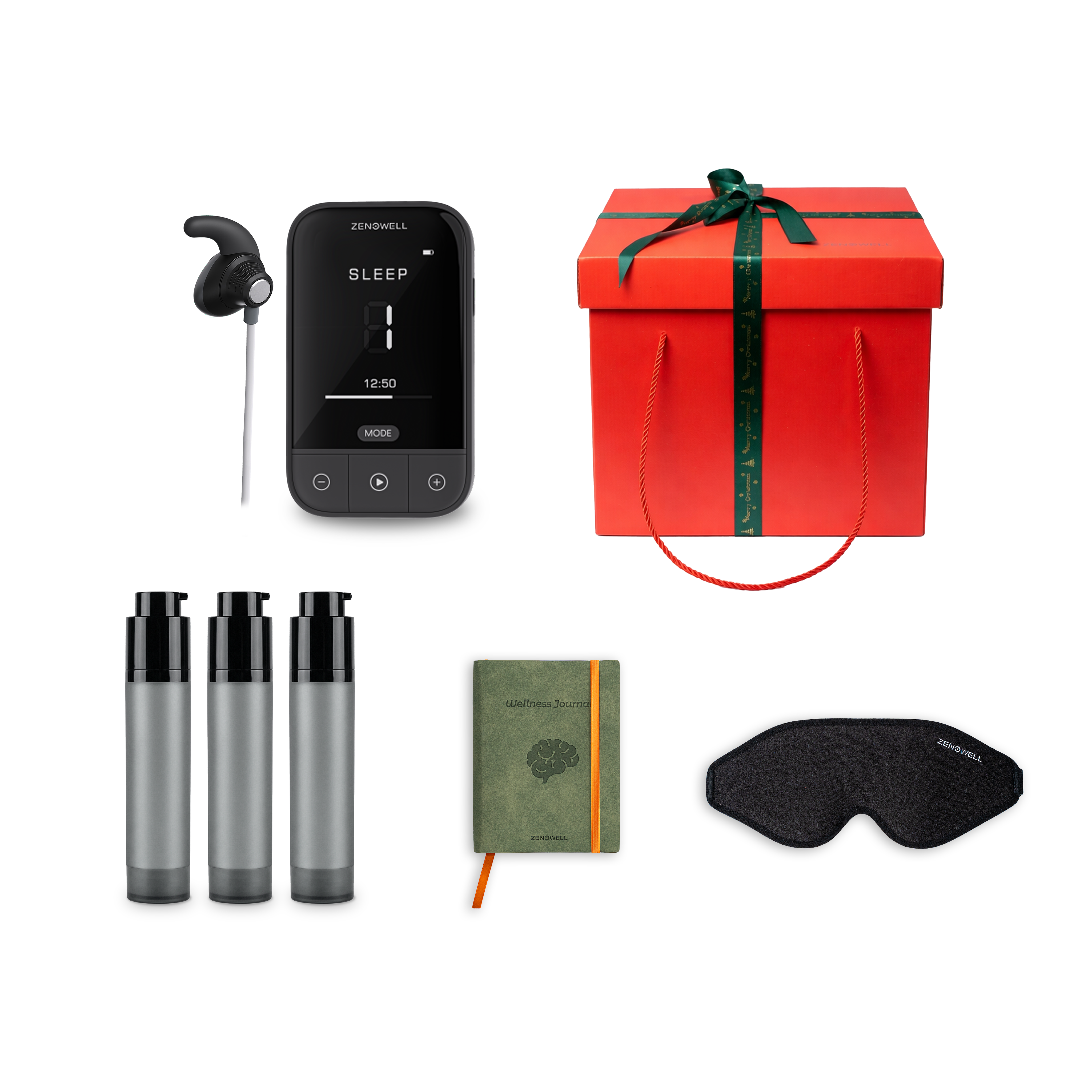 ZenoWell support pack including the gift set featuring the VITA  tavns device, three gel, Eye Mask, Wellness Journal, and a gift box, all designed to support relaxation, stress relief, and well-being through transcutaneous auricular vagus nerve stimulation (taVNS)