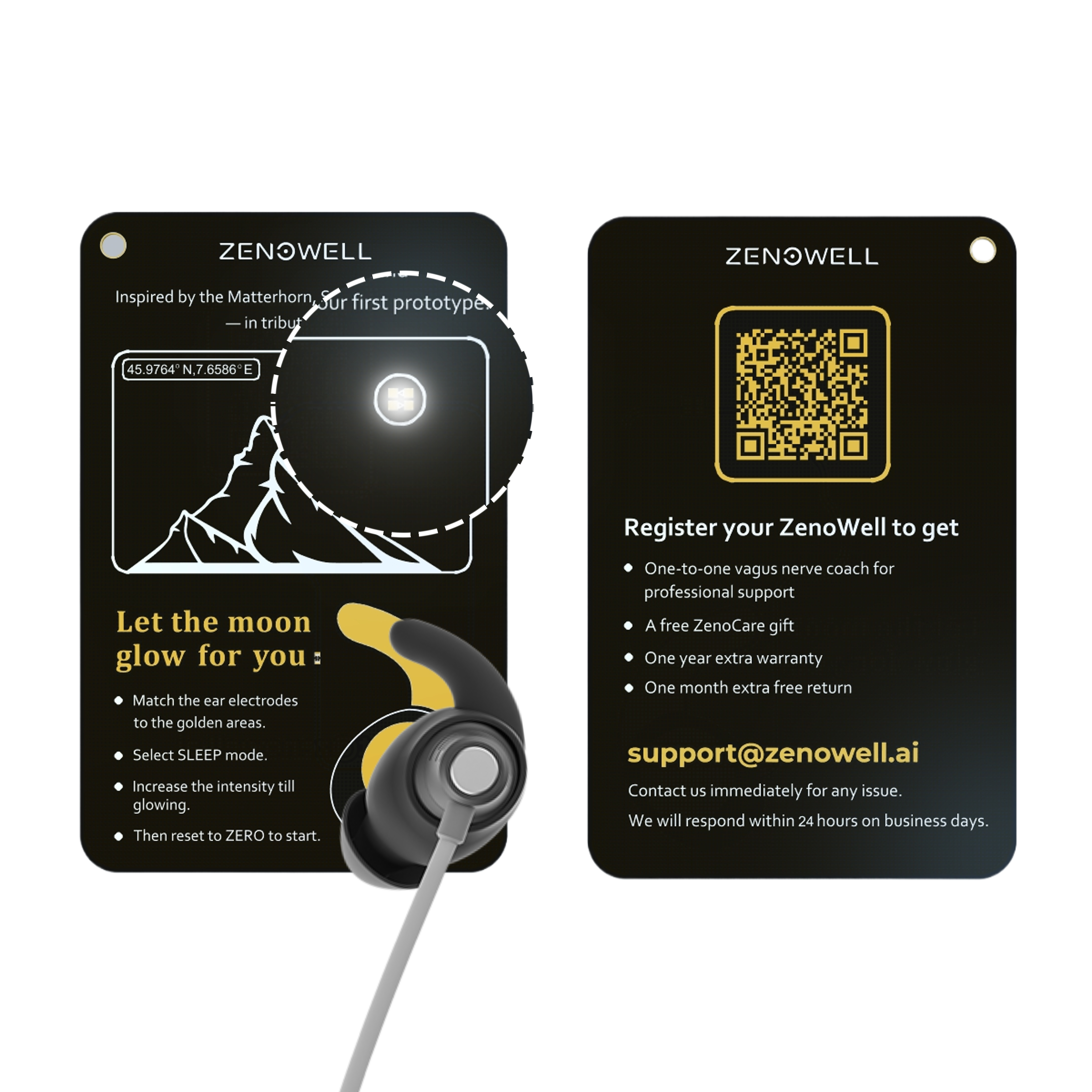 Two sides of a warranty card, featuring ZenoWell branding, instructions for using the device, and registration benefits.