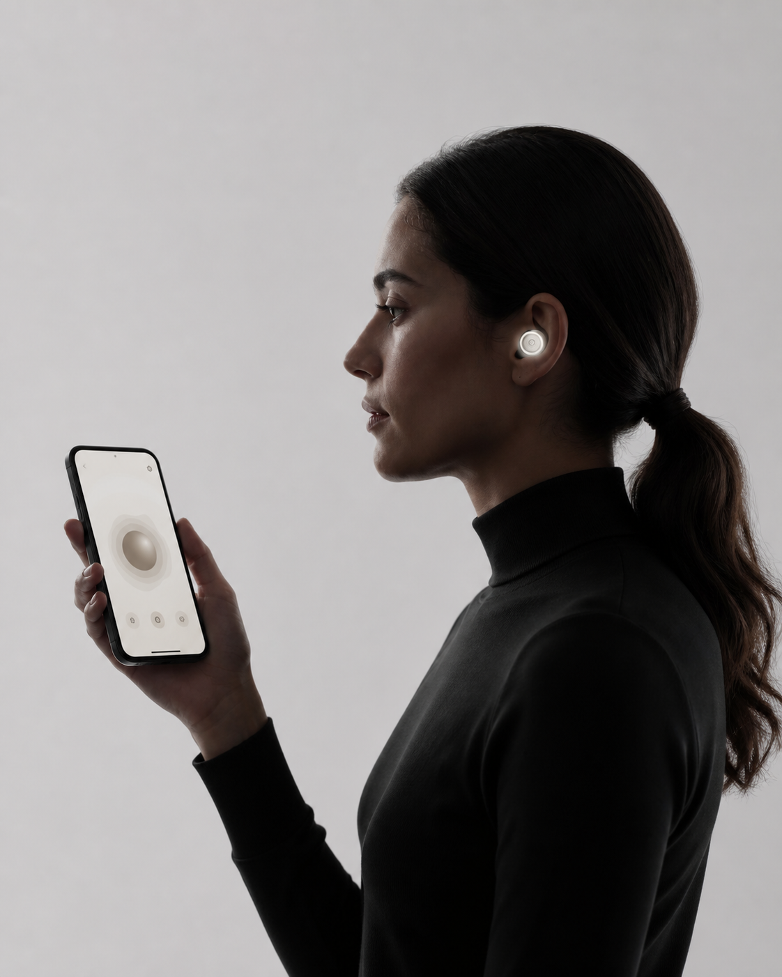Woman wearing Zeno One while using the companion app